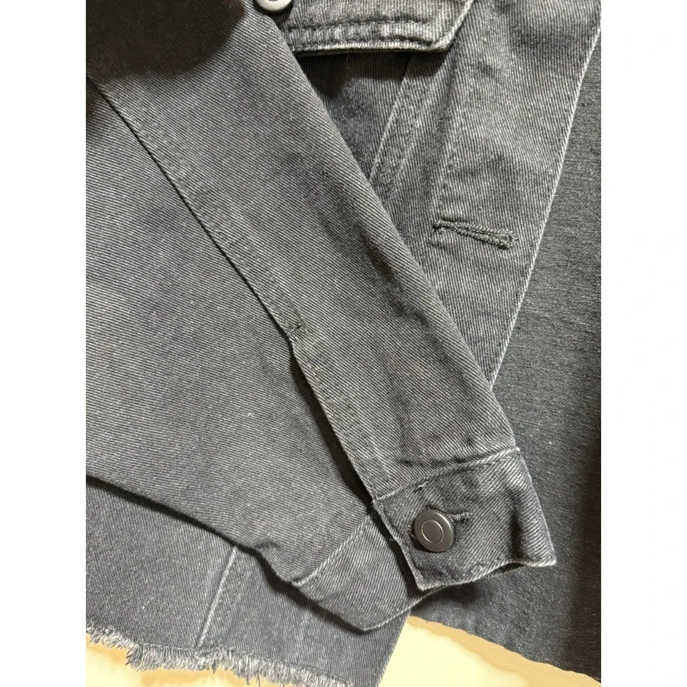 Lia Cher Women's Black Denim Jean Jacket Raw Hem Collared Pockets L 12-14 - Picture 6 of 9